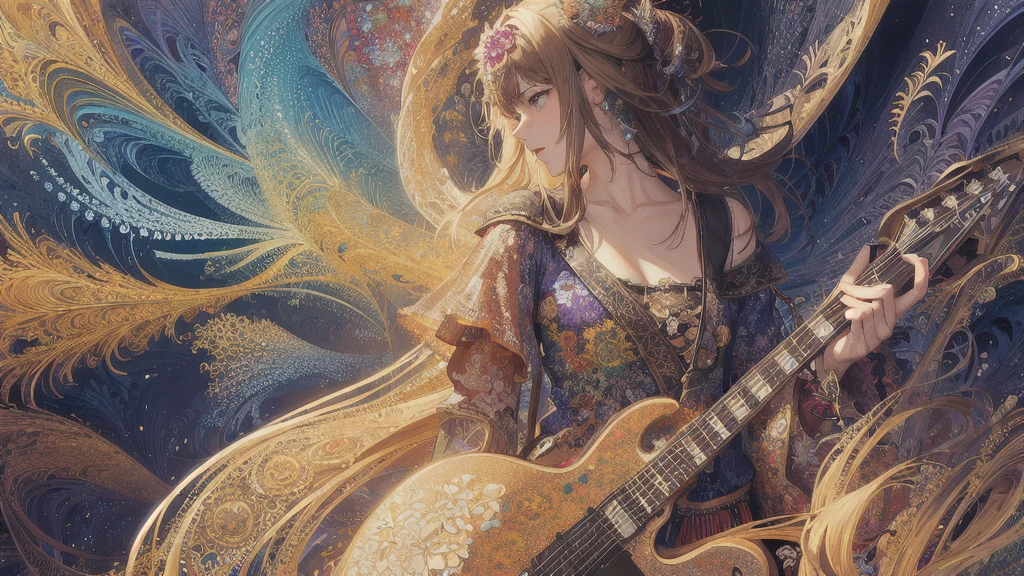 (masterpiece, Highest quality, Highest quality, Official Art, beautifully、aesthetic:1.2), (Rock guitarist、Solo Play), Very detailed,(Fractal Art:1.3),colorful,Most detailed