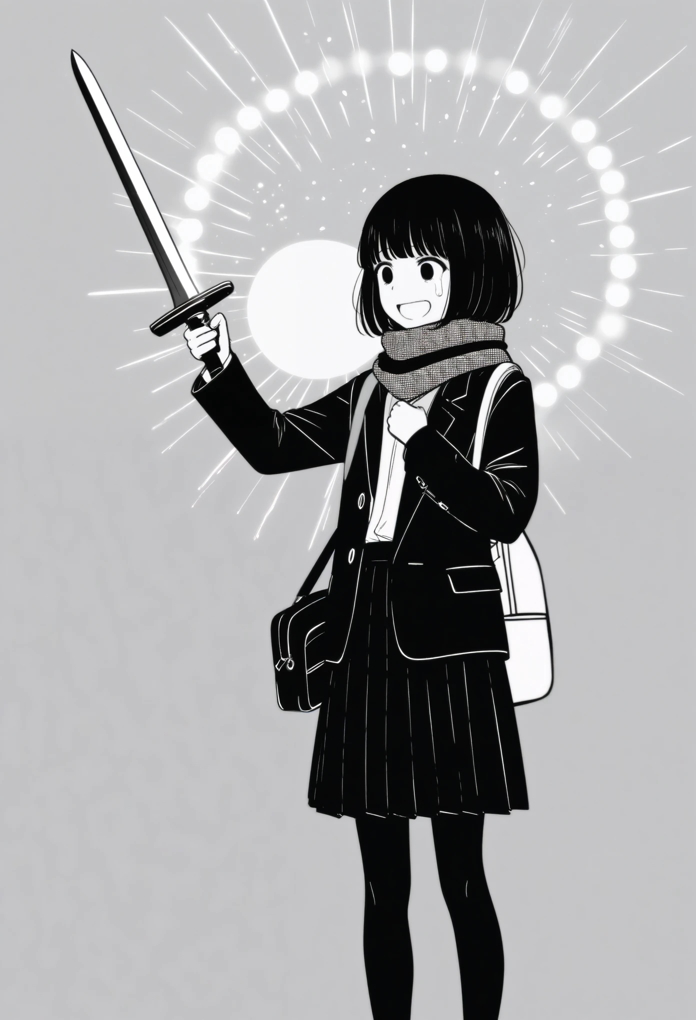 masterpiece, best quality, 1girl, mamerakkkkko, grayscale, manga style, japanese, chi no wadachi, black eyes, street, iced, black hair, schoolbag, smile, lineart, black coat, black scarf, black pleated skirt, leggings, centered, 18 years old, tall, fair skinned, bokeh background, crying, tears, tears streaming, bob cut, light particles, snowing, (((holding sword:1.1, perfect hand, detailed hand:1.1)), emotional anime scene
