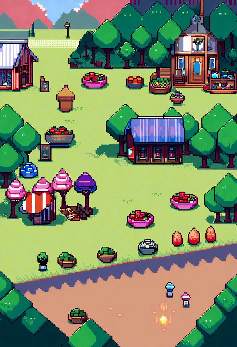(Best Quality,high resolution), pixel art, vibrant colors, nostalgic atmosphere, Immersive gameplay, 16-bit graphics, pixel perfect controls, humble town, park full of neighbors, markets, sales of things, broad