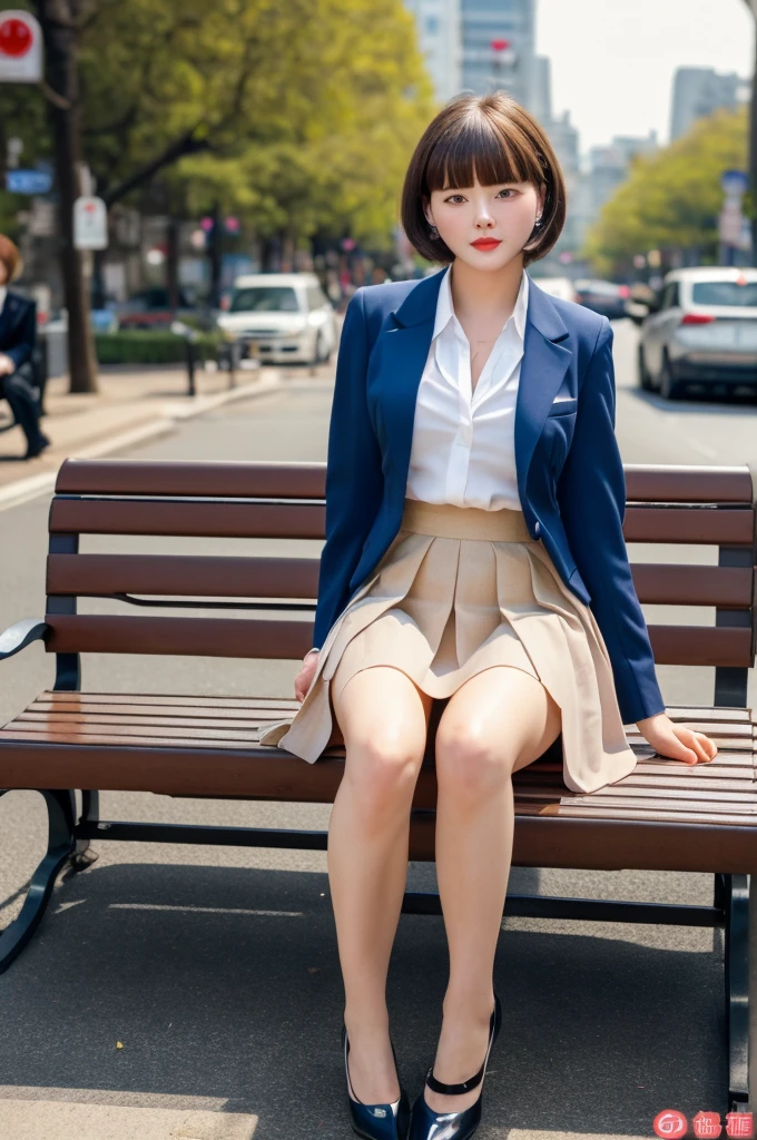 a 21 year old face of the most beautiful actress in the world, the perfect body proportions of a female, blazer is worn on formal shirt, exposed panties between opened legs under short skirt, pretty short hair cut above the ears, sitting on a bench along the city street, nsfw, best quality, highly detailed, masterpiece, ultra high res, photo realistic, 8k