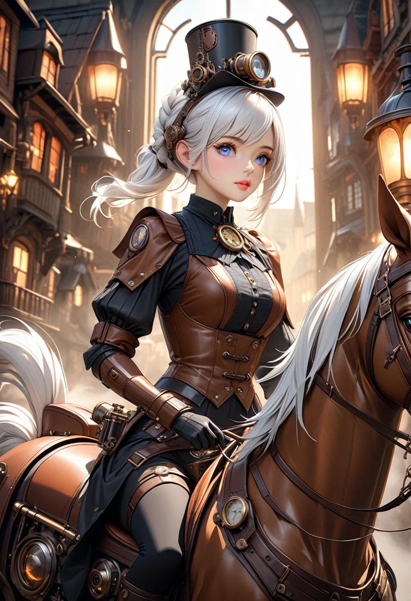 A beautiful android girl with short fluffy white hair riding a steam-powered mechanical horse through a steampunk world, brass-colored mechanical body with cute horse ears, friendly looking steam-powered horse, steampunk style village with brass-colored houses, distant steampunk castle, steam blowing out everywhere, vibrant steampunk civilization, movie-like lighting, studio lighting, (best quality,4k,8k,highres,masterpiece:1.2),ultra-detailed,(realistic,photorealistic,photo-realistic:1.37),extremely detailed eyes and face,longeyelashes,beautiful detailed eyes,beautiful detailed lips,portrait,concept art,steampunk,fantasy,digital art,cinematic lighting,vibrant colors,warm colors