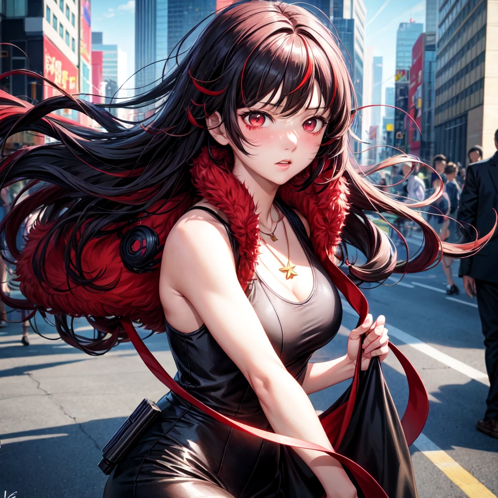 anime panel,upper body, 1girl solo, adult, Korean, black hair,curly hair, with red highlights , red slanted eyes, spy clothes, necklace, city background ,  bloody nose, blushing
