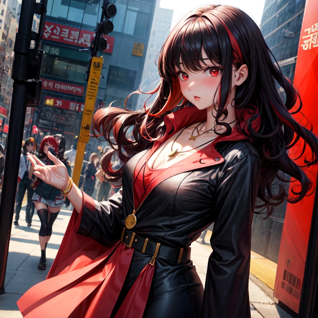 anime panel,upper body, 1girl solo, adult, Korean, black hair,curly hair, with red highlights , red slanted eyes, spy clothes, necklace, city background , bloody nose, blushing
