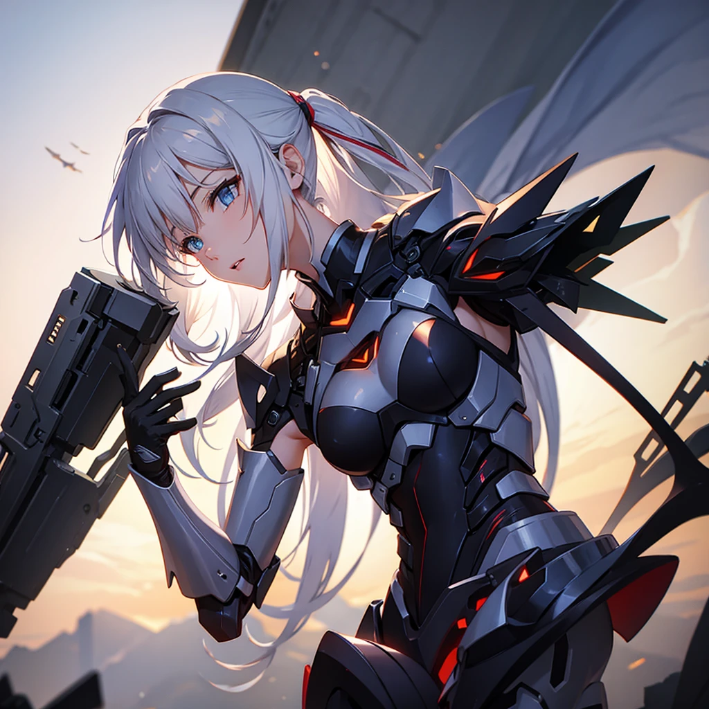 female mecha wings of angel, in black armor, in a destroyed city, the night, with an eclipse in the background