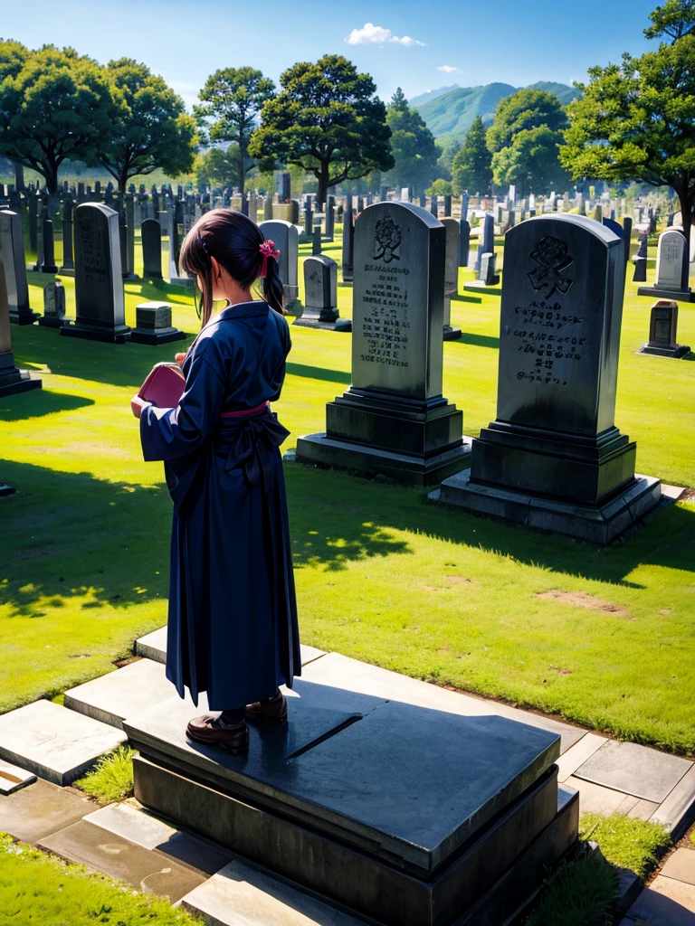 Highest quality,Highest Resolution,Girl cleaning tombstones in a cemetery,Japan,