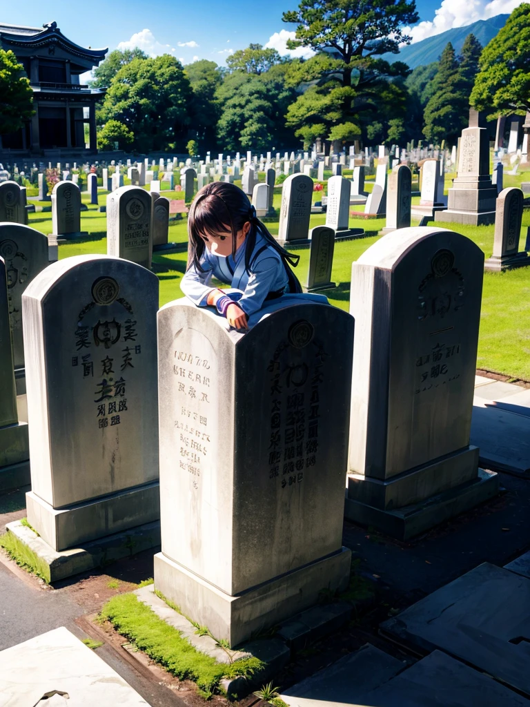 Highest quality,Highest Resolution,Girl cleaning tombstones in a cemetery,Japan,