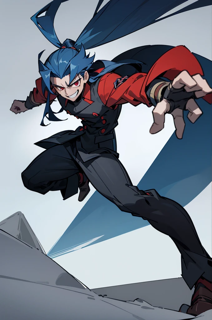 (Male), man, masculine, muscular, , uniform, brown and black uniform, excited, fighting stance, high quality, simple background, smiling, sharp eyes, dark red eyes, deep blue hair, fighting position, guy, dude, tall, large, big build, lean, long hair, blue hair, dark blue hair, ((masterpiece:1.2)).