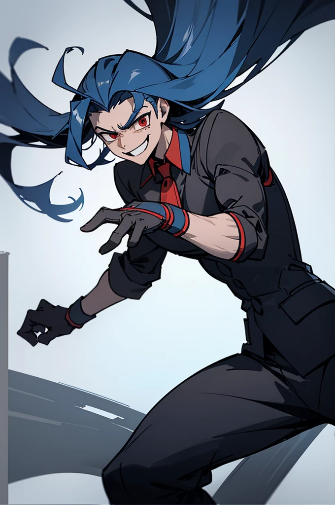 (Male), man, masculine, muscular, , uniform, brown and black uniform, excited, fighting stance, high quality, simple background, smiling, sharp eyes, dark red eyes, deep blue hair, fighting position, guy, dude, tall, large, big build, lean, long hair, blue hair, dark blue hair, ((masterpiece:1.2)).