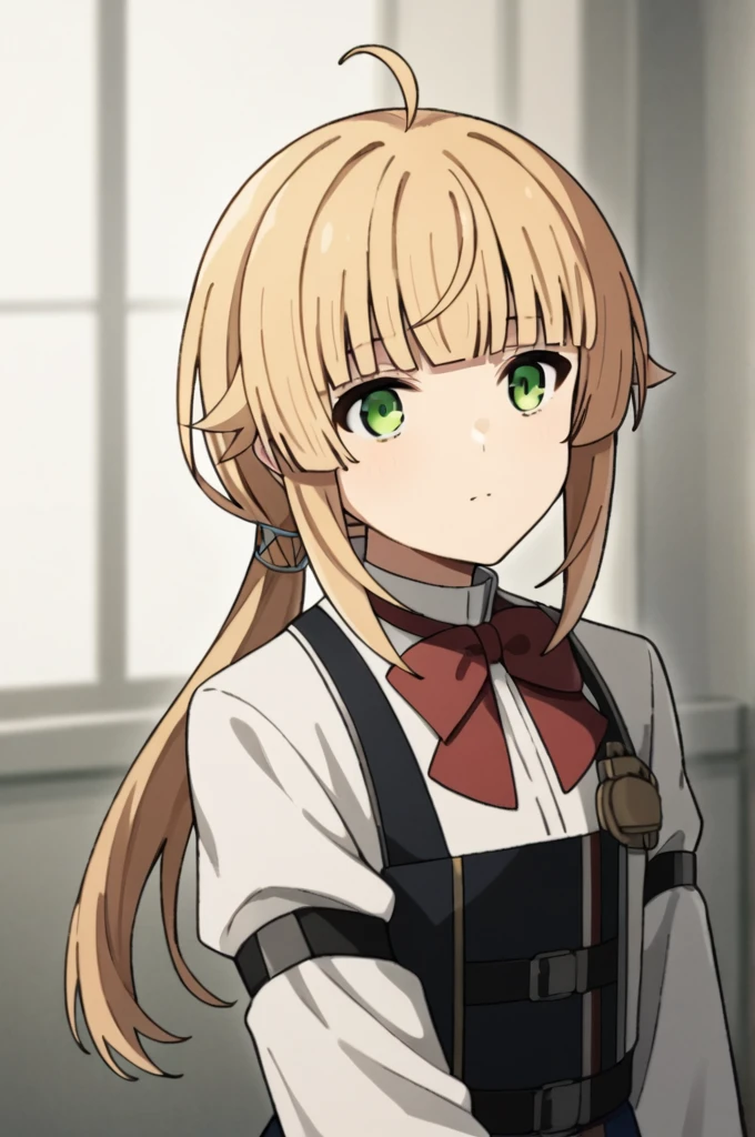 score_9, score_8_superior, score_7_superior, sauce_anime,
One girl, View your viewers, Portraiture,
Norn_Greyrat, bangs, Blonde, Long Hair, Yellow-green eyes, Ahoge, Side Lock, blunt bangs, Hair flap, Low Ponytail,
Long sleeve, Red bow tie, White shirt, , belt,