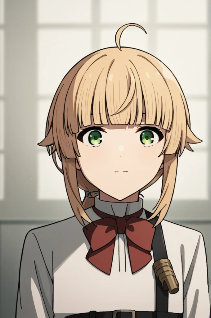 score_9, score_8_superior, score_7_superior, sauce_anime,
One girl, View your viewers, Portraiture,
Norn_Greyrat, bangs, Blonde, Long Hair, Yellow-green eyes, Ahoge, Side Lock, blunt bangs, Hair flap, Low Ponytail,
Long sleeve, Red bow tie, White shirt, , belt,
