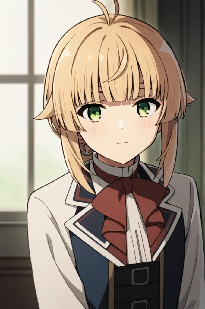 score_9, score_8_superior, score_7_superior, sauce_anime,
One girl, View your viewers, Portraiture,
Norn_Greyrat, bangs, Blonde, Long Hair, Yellow-green eyes, Ahoge, Side Lock, blunt bangs, Hair flap, Low Ponytail,
Long sleeve, Red bow tie, White shirt, , belt,