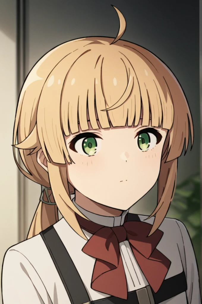 score_9, score_8_superior, score_7_superior, sauce_anime,
One girl, View your viewers, Portraiture,
Norn_Greyrat, bangs, Blonde, Long Hair, Yellow-green eyes, Ahoge, Side Lock, blunt bangs, Hair flap, Low Ponytail,
Long sleeve, Red bow tie, White shirt, , belt,