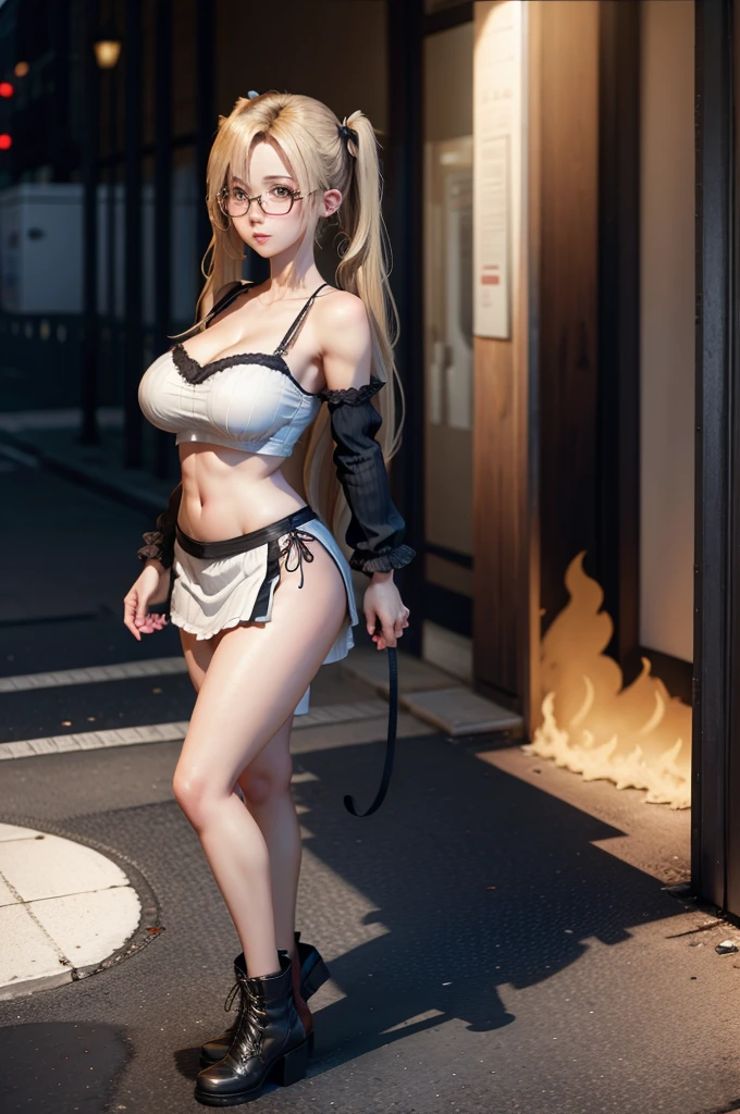 ((medium breasts)), ((erotic, sexy)), 28-year-old student in a shirt, blonde, (dressed as a , on the street), beautiful detailed eyes, light face, ((Full body photo)), (Pigtails), shapely ass, wears glasses, with sleeves, strapless,