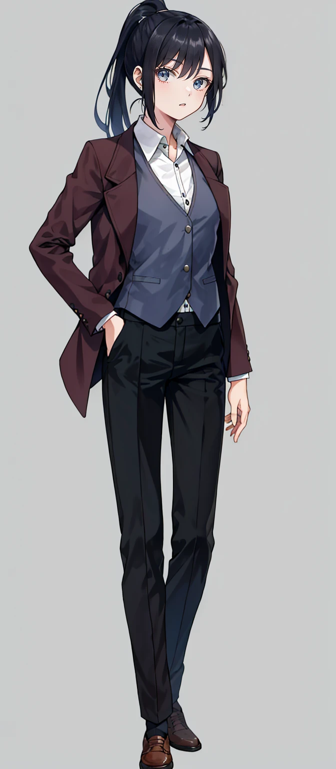 1 girl, 20 years old, full body, waistcoat, ponytail, black hair, standing, long sleeve, chino pants,