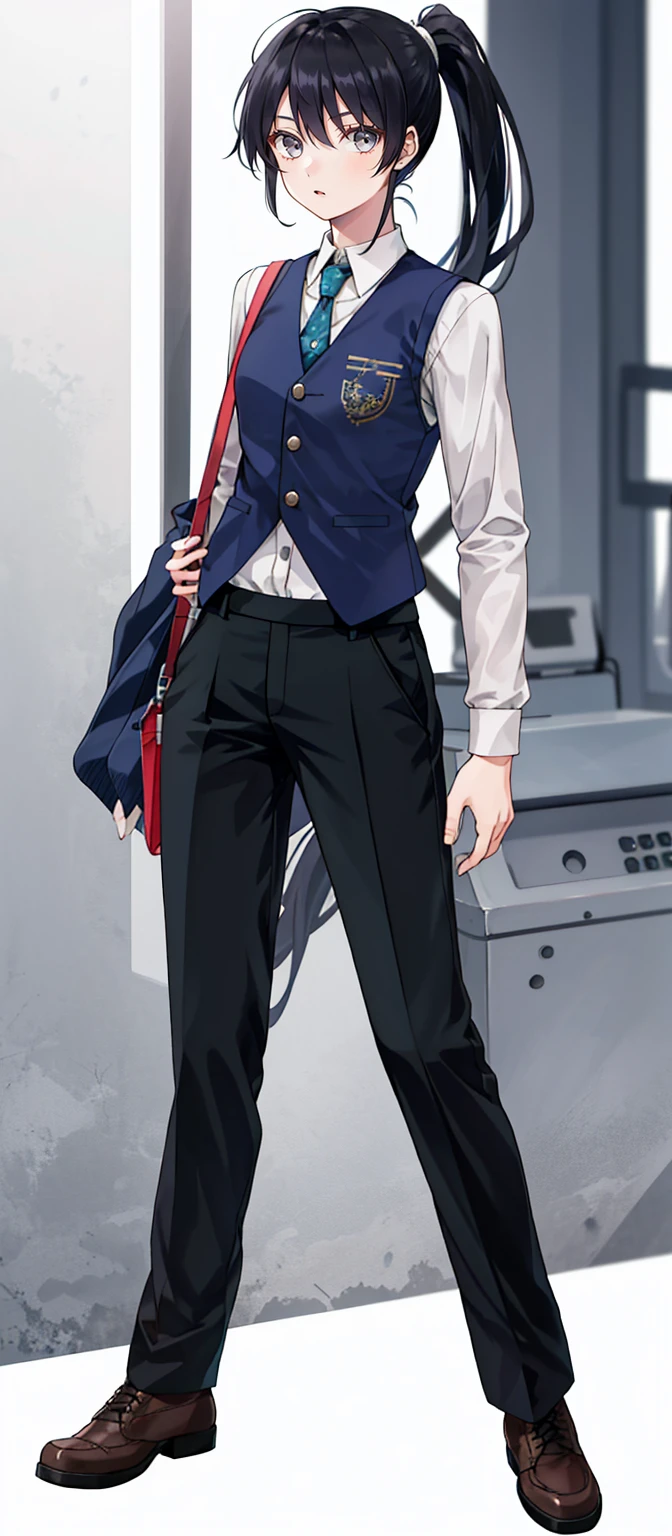 1 girl, 20 years old, full body, waistcoat, ponytail, black hair, standing, long sleeve, chino pants,