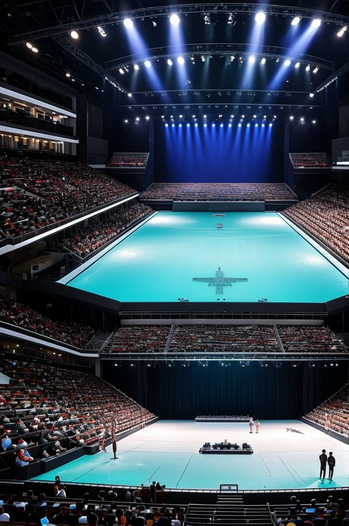 I want a stage to present a model event in Singapore that has a floor that resembles crystal clear waters that can be seen close to the stage