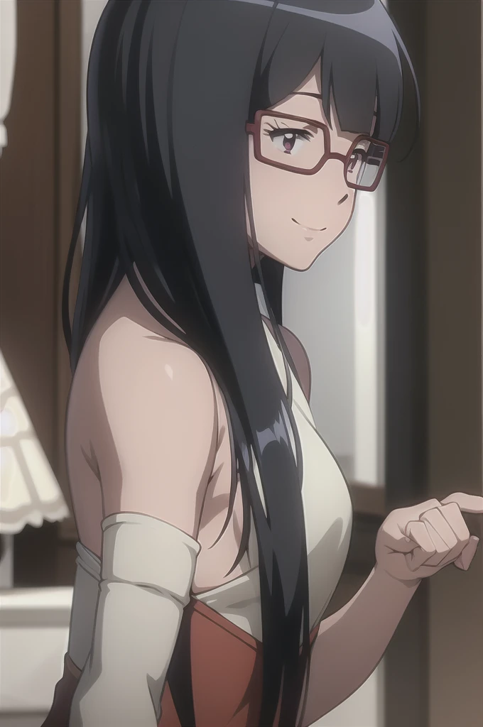 (RAW photo, best quality), masterpiece, an extremely delicate and beautiful, extremely detailed, 2k wallpaper, Amazing, finely detail, extremely detailed CG unity 8k wallpaper, ultra-detailed, highres, soft light, beautiful detailed anime girl, cinematic lightning, perfect anatomy, 1girl, solo, long hair, bangs, black hair, pink eyes, glasses, bare shoulders, china dress, chinese clothes, smile, look at viewer, mochizuki_meiko, show breast, show nipple, sexy, lewd, seductive, NFSW, semi nude