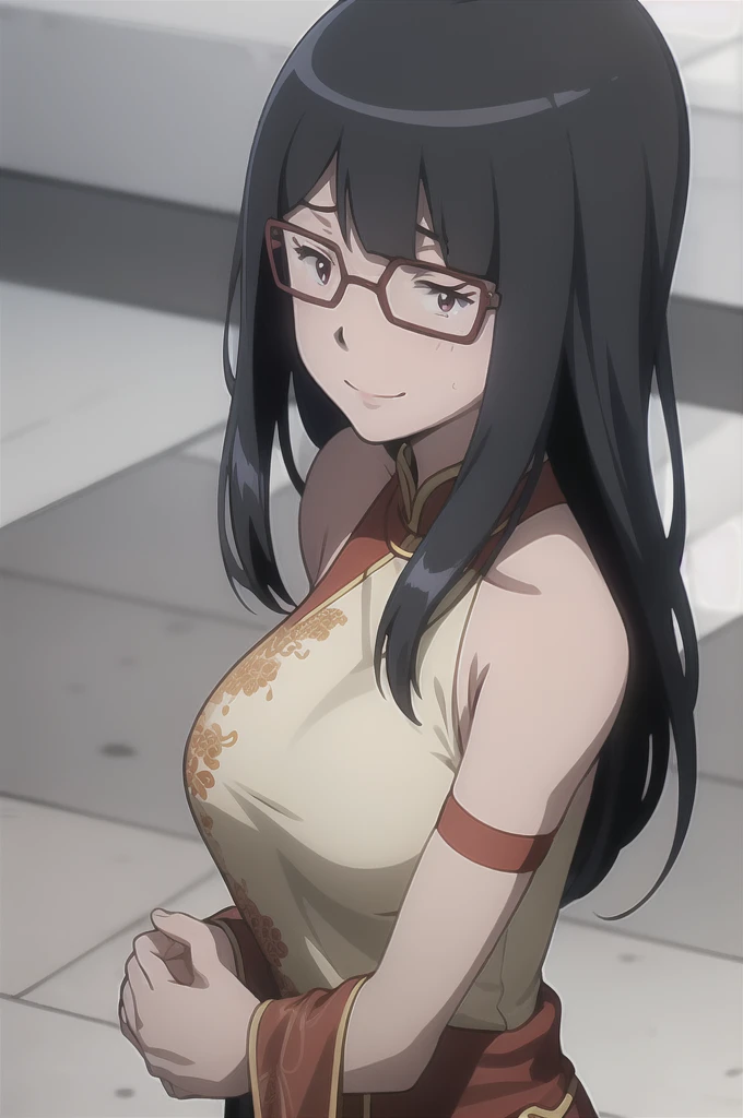 (RAW photo, best quality), masterpiece, an extremely delicate and beautiful, extremely detailed, 2k wallpaper, Amazing, finely detail, extremely detailed CG unity 8k wallpaper, ultra-detailed, highres, soft light, beautiful detailed anime girl, cinematic lightning, perfect anatomy, 1girl, solo, long hair, bangs, black hair, pink eyes, glasses, bare shoulders, china dress, chinese clothes, smile, look at viewer, mochizuki_meiko, show breast, show nipple, sexy, lewd, seductive, NFSW, semi nude