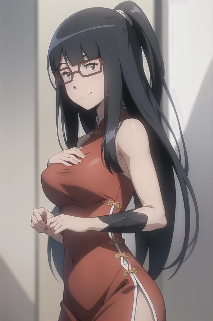 (RAW photo, best quality), masterpiece, an extremely delicate and beautiful, extremely detailed, 2k wallpaper, Amazing, finely detail, extremely detailed CG unity 8k wallpaper, ultra-detailed, highres, soft light, beautiful detailed anime girl, cinematic lightning, perfect anatomy, 1girl, solo, long hair, bangs, black hair, pink eyes, glasses, bare shoulders, china dress, chinese clothes, smile, look at viewer, mochizuki_meiko, show breast, show nipple, sexy, lewd, seductive, NFSW, semi nude