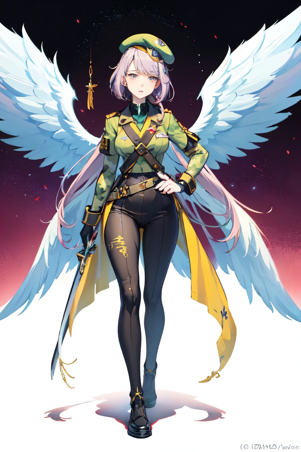 50 year old anime style woman The character has lilac hair with a military beret. She wears a green camouflage top and black pants with gold details.. Na cintura, carries a knife and she has a pair of wings (Giants) white angels on your back . She wears golden wristbands and has a long red katana with a spiked sash on her back. 