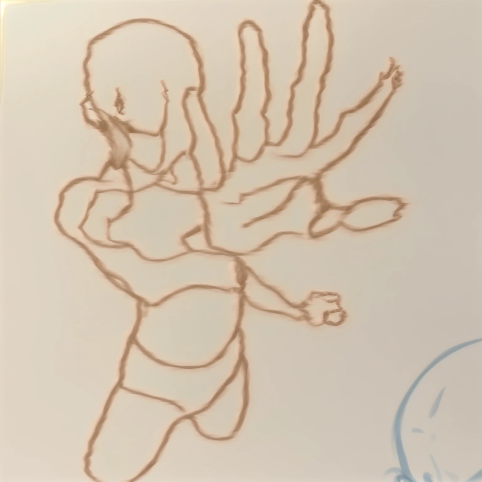drawing of a man with one hand in the air and a ball in the air, left hand supporting head, dynamic extreme foreshortening, modest pose gesture, serpentine pose gesture, dynamic perspective pose, gesto desenhado, heavy gesture style closeup, cell shadow adult animation, dynamic pose perspective, foreshortening, zombie arms in front