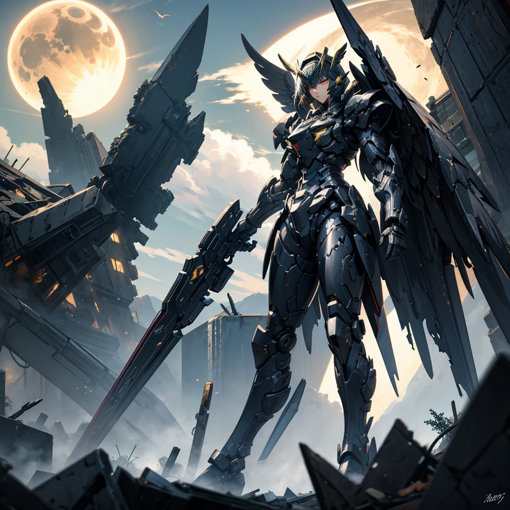 female mecha wings of angel, in black armor, in a destroyed city, the night, with an eclipse in the background