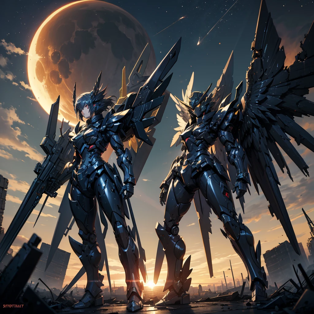 female mecha wings of angel, in black armor, in a destroyed city, the night, with an eclipse in the background