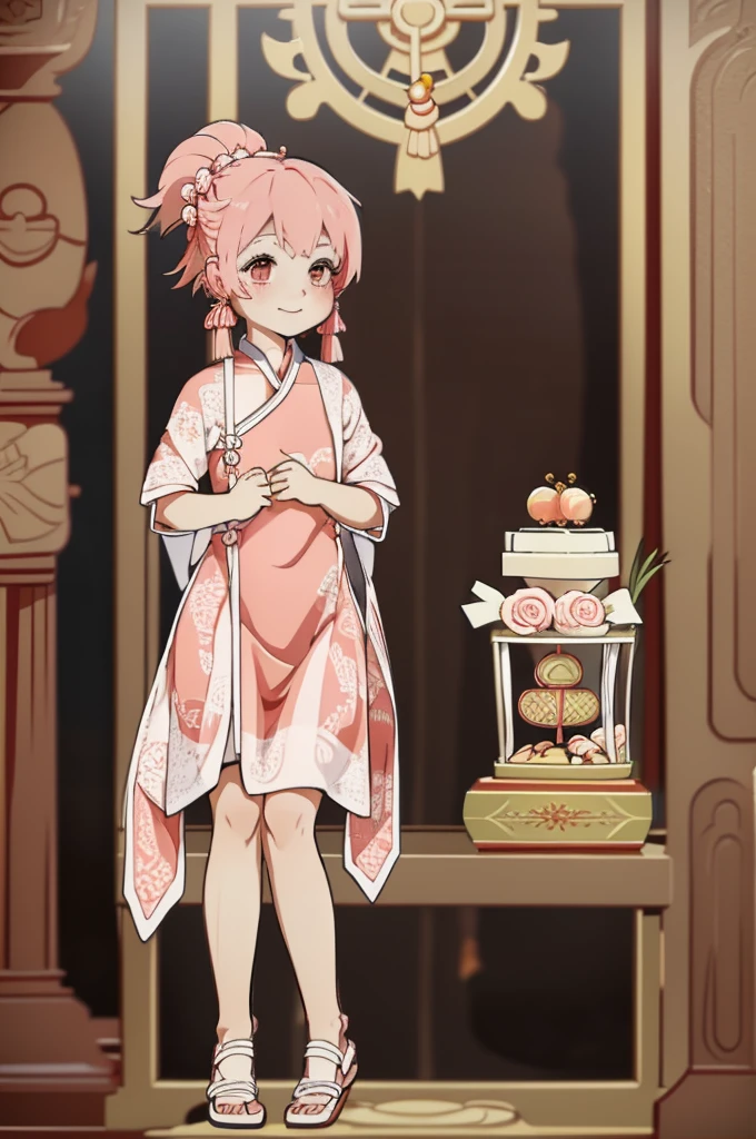 of the highest quality, Masterpiece, high resolution, A girl, ancient Chinese pink dress, beautiful face, ancient chinese clothing, Bow without original photo, elegant, noble, corona, thin legs, combine, hair accessory, alone, See your viewers, SMILE, Shut up, lips, dress, hair accessory, collar, jewelry, wide, earrings, architecture, east asian architecture
