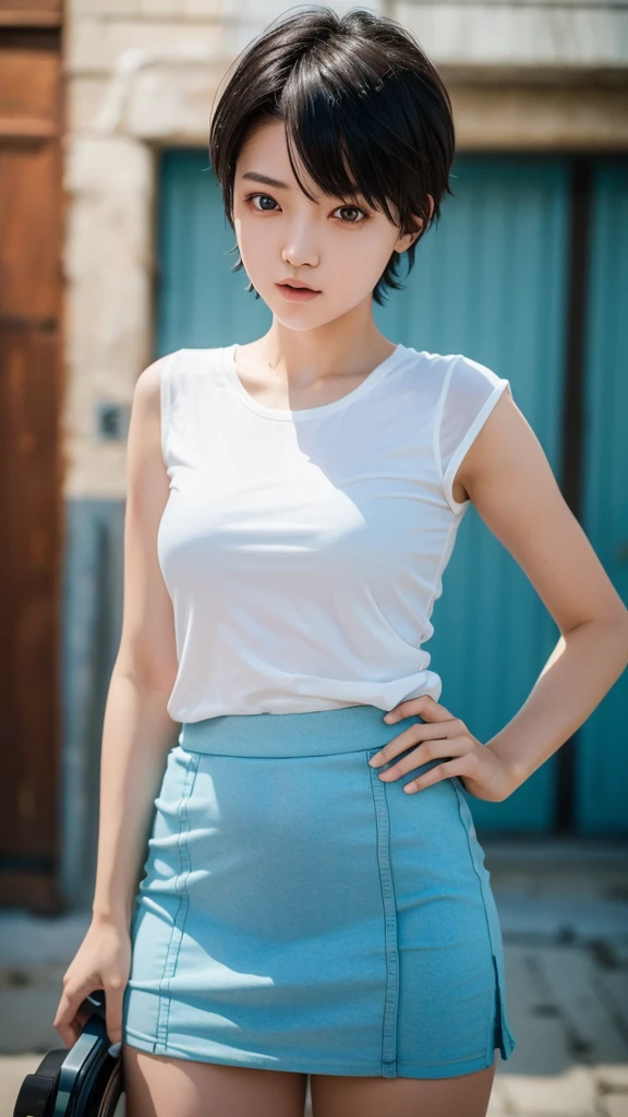 (8K, RAW Photography, Ultra-detailed) Tomboyish Girl with short hair (High , beautiful eyes, long skirt)