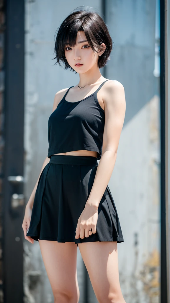 (8K, RAW Photography, Ultra-detailed) Tomboyish Girl with short hair (High , beautiful eyes, long skirt)