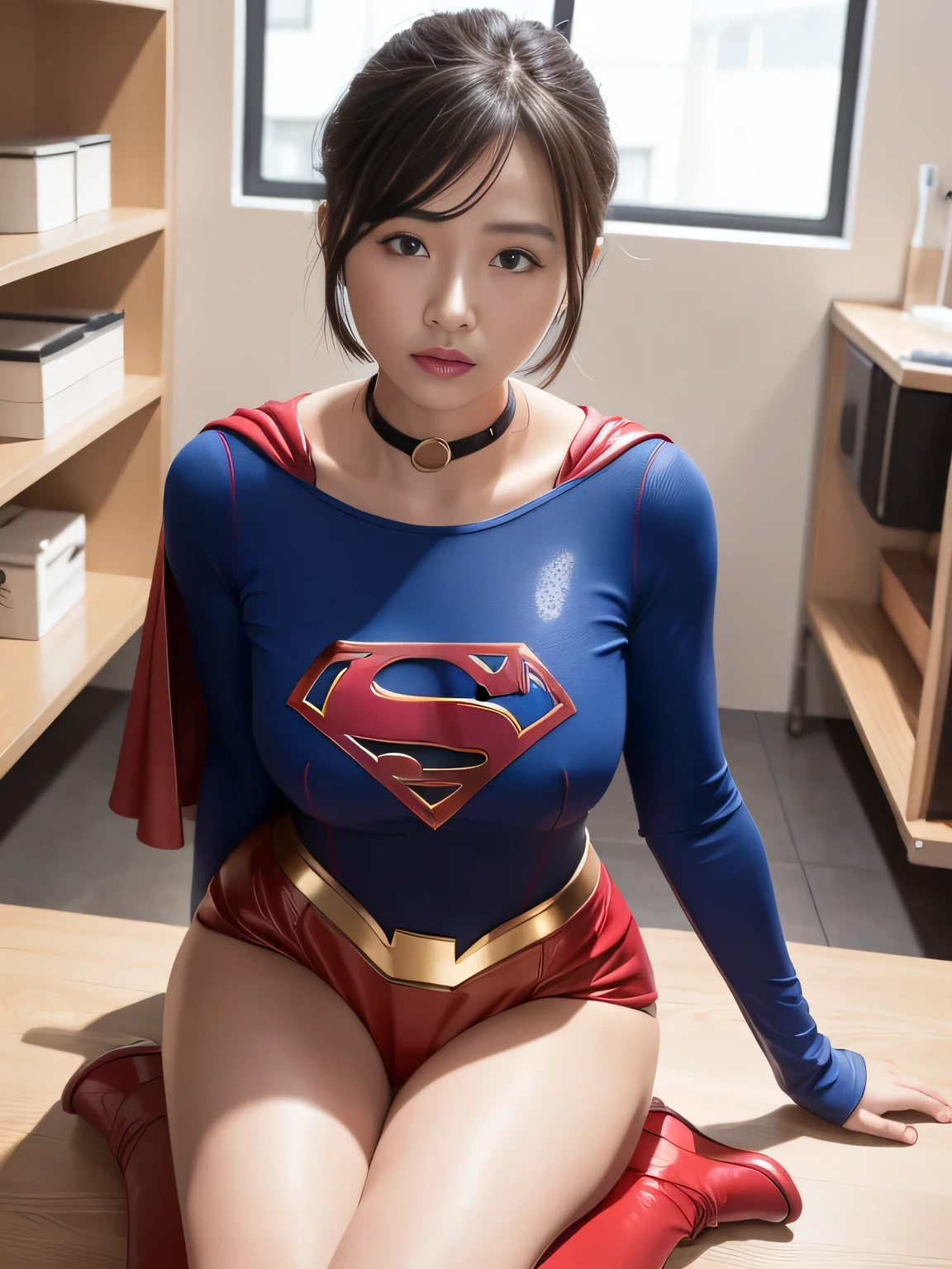masterpiece、Supergirl Costume、short hair、operating table、bright red enamel boots、Big and ample breasts、choker、Long sleeve、Red mini skirt、Looking at the camera、Research Room、Messy lab equipment、Inspection equipment、Medical equipment、Medical practice、Physical examination、latex、Alluring、Seductive pose、Off the shoulder、Beautiful feet、Photo book cover style、Lab、