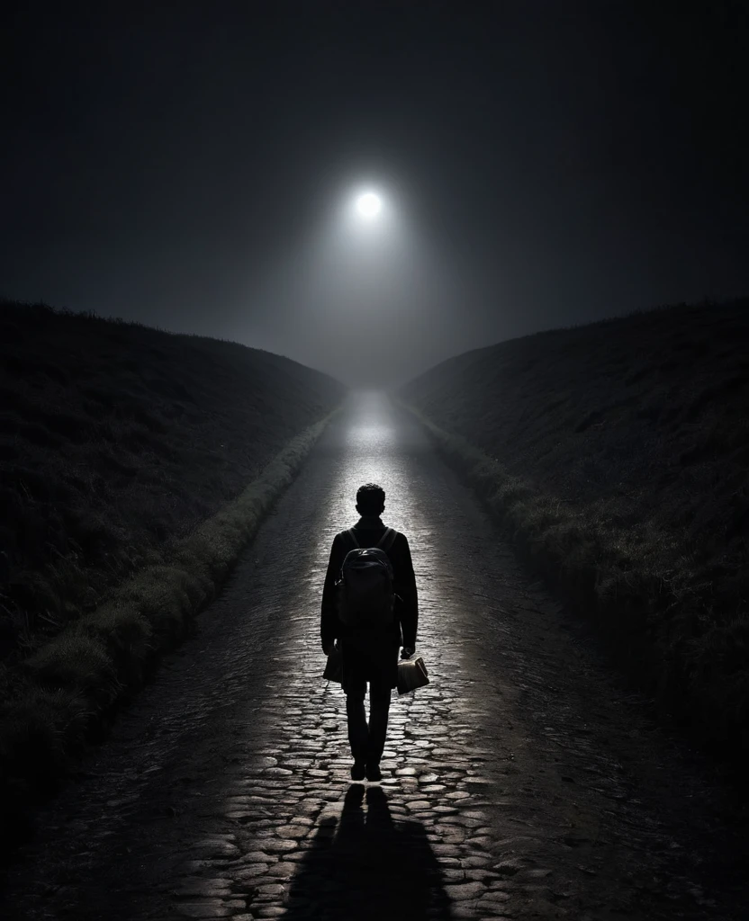 Man in dark place , long road , light in the end of the path , alone , back view , too dark , night , he carry on his back alot of things