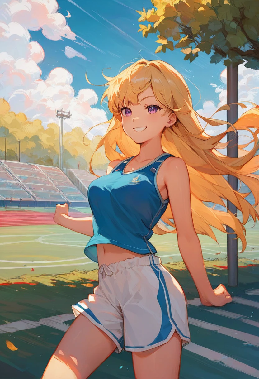 score_9,score_8_up,score_7_up,source_アニメ，masterpiece, best quality, 1 Girl, Solitary, teenager, One quarter of Japanese, Blonde hair, Long hair, Purple Eyes, Side Bangs, Short bangs, Smile, Medium breasts, Good exercise, Bruma, outdoor, track and field, smug