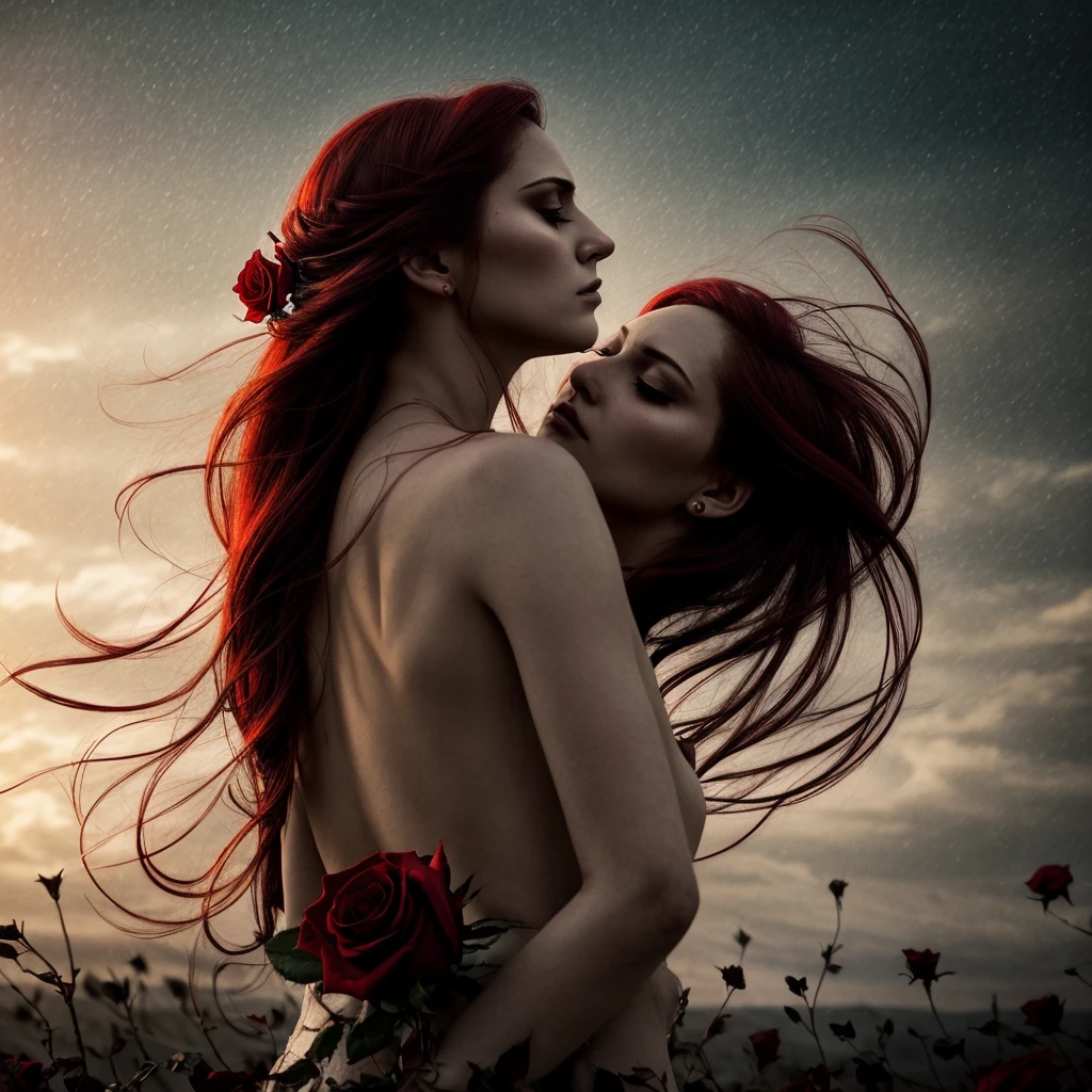 Descend, Red rose, beautiful woman, sad expression, faded elegance, moving atmosphere, lost beauty, melancholia, aura, hauntingly captivating, eternal punishment, stark contrast, delicate decadence,line art,backlighting,wind,backlighting,star dust,(wind:1.2),gentleman,Red blood, fire