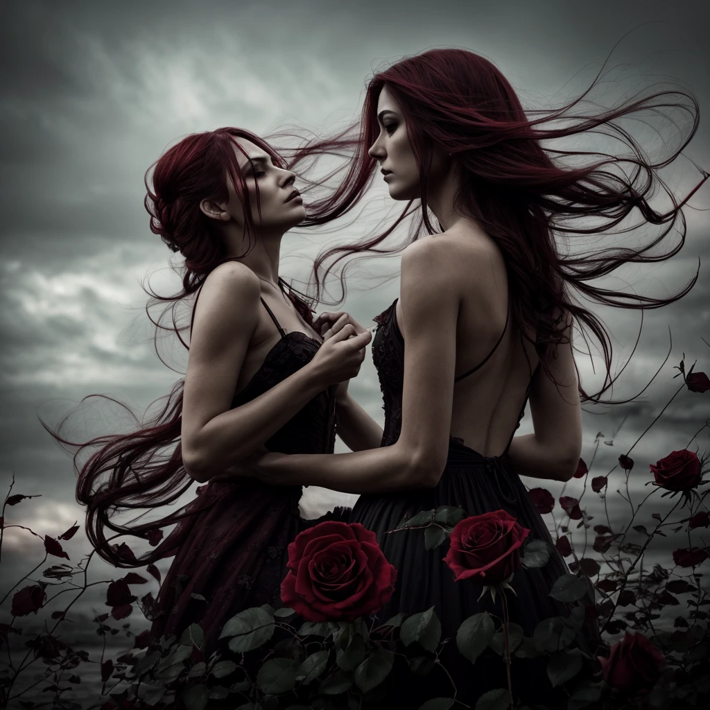 Descend, Red rose, beautiful woman, sad expression, faded elegance, moving atmosphere, lost beauty, melancholia, aura, hauntingly captivating, eternal punishment, stark contrast, delicate decadence,line art,backlighting,wind,backlighting,star dust,(wind:1.2),gentleman,Red blood, fire