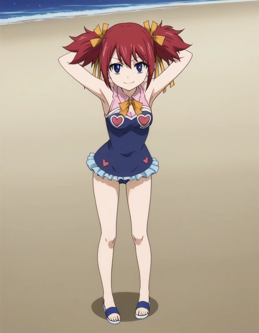 chelia_blendy, source_anime, rating_safe, intricate details, anime screencap, anime coloring, 1girl, solo, red hair, blue eyes, ribbon, hair ribbon, twintails, short twintails, looking at viewer, solo, contrapposto, spread armpit, arms behind head, smile, looking at viewer, full body, closed mouth, night sky, beach, high quality,