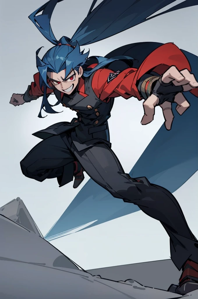 (Male), man, masculine, muscular, , uniform, brown and black uniform, excited, fighting stance, high quality, simple background, smiling, sharp eyes, dark red eyes, deep blue hair, fighting position, guy, dude, tall, large, big build, lean, long hair, blue hair, dark blue hair, ((masterpiece:1.2)).
