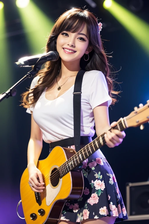 Masterpiece, Best Quality, Illustration, Ultra-detailed, finely detailed, high resolution, 8K Wallpaper, Perfect dynamic composition, Beautiful detailed eyes, Women's Fashion Summer, Medium Hair, Small breasts, natural color lip, Bold sexy poses, Smile, Harajuku, 20 years girl, Cute, Sexy shot looking at camera, playing guitar, live performance, stage lights, floral skirt, white blouse, smiling happily, realistic, vibrant colors, modern idol, detailed background, microphone, engaging audience