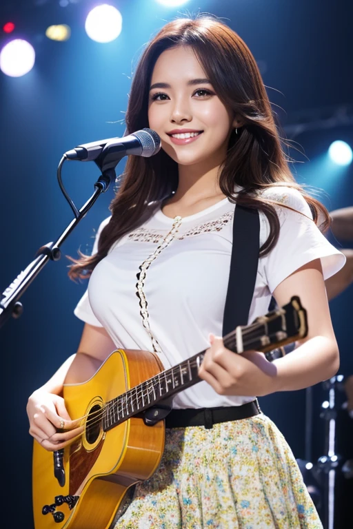 Masterpiece, Best Quality, Illustration, Ultra-detailed, finely detailed, high resolution, 8K Wallpaper, Perfect dynamic composition, Beautiful detailed eyes, Women's Fashion Summer, Medium Hair, Small breasts, natural color lip, Bold sexy poses, Smile, Harajuku, 20 years girl, Cute, Sexy shot looking at camera, playing guitar, live performance, stage lights, floral skirt, white blouse, smiling happily, realistic, vibrant colors, modern idol, detailed background, microphone, engaging audience