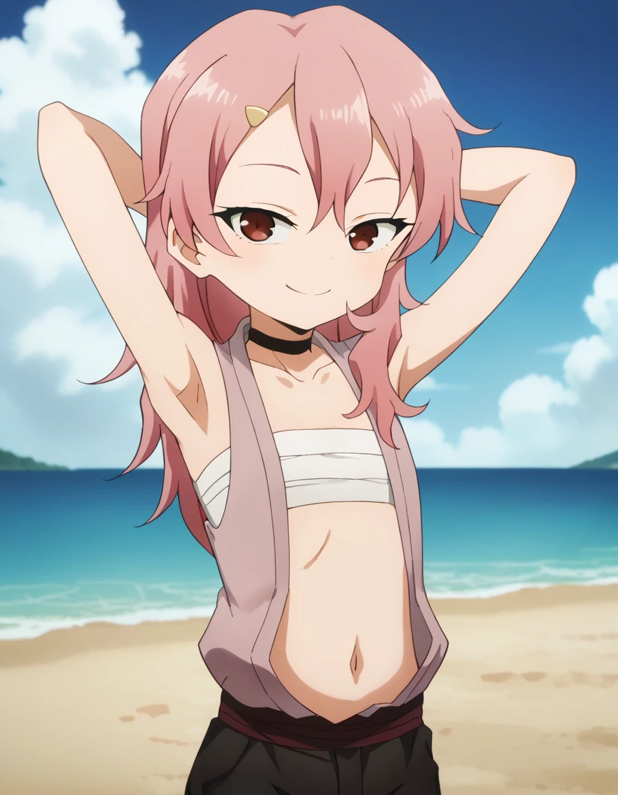 benisumomo, anime coloring ,BREAK source_anime, anime, long hair, hair ornament, red eyes, navel, pink hair, choker, hairclip, flat chest, black choker, sarashi, chest sarashi, black shorts, best quality, looking at viewer, solo, (contrapposto), spread armpit, arms behind head, smile, looking at viewer, (cowboy shot:1.5), closed mouth, night sky, beach, high quality,