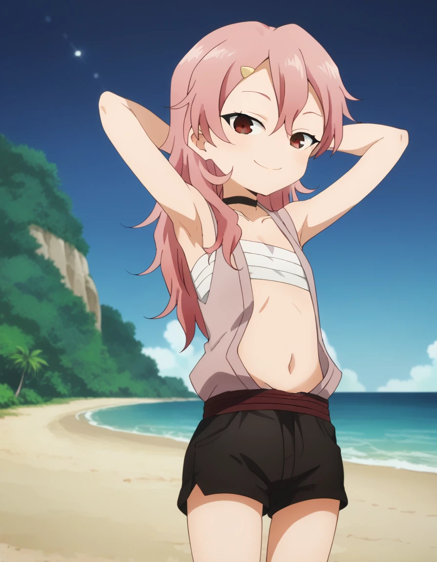 benisumomo, anime coloring ,BREAK source_anime, anime, long hair, hair ornament, red eyes, navel, pink hair, choker, hairclip, flat chest, black choker, sarashi, chest sarashi, black shorts, best quality, looking at viewer, solo, (contrapposto), spread armpit, arms behind head, smile, looking at viewer, (cowboy shot:1.5), closed mouth, night sky, beach, high quality,