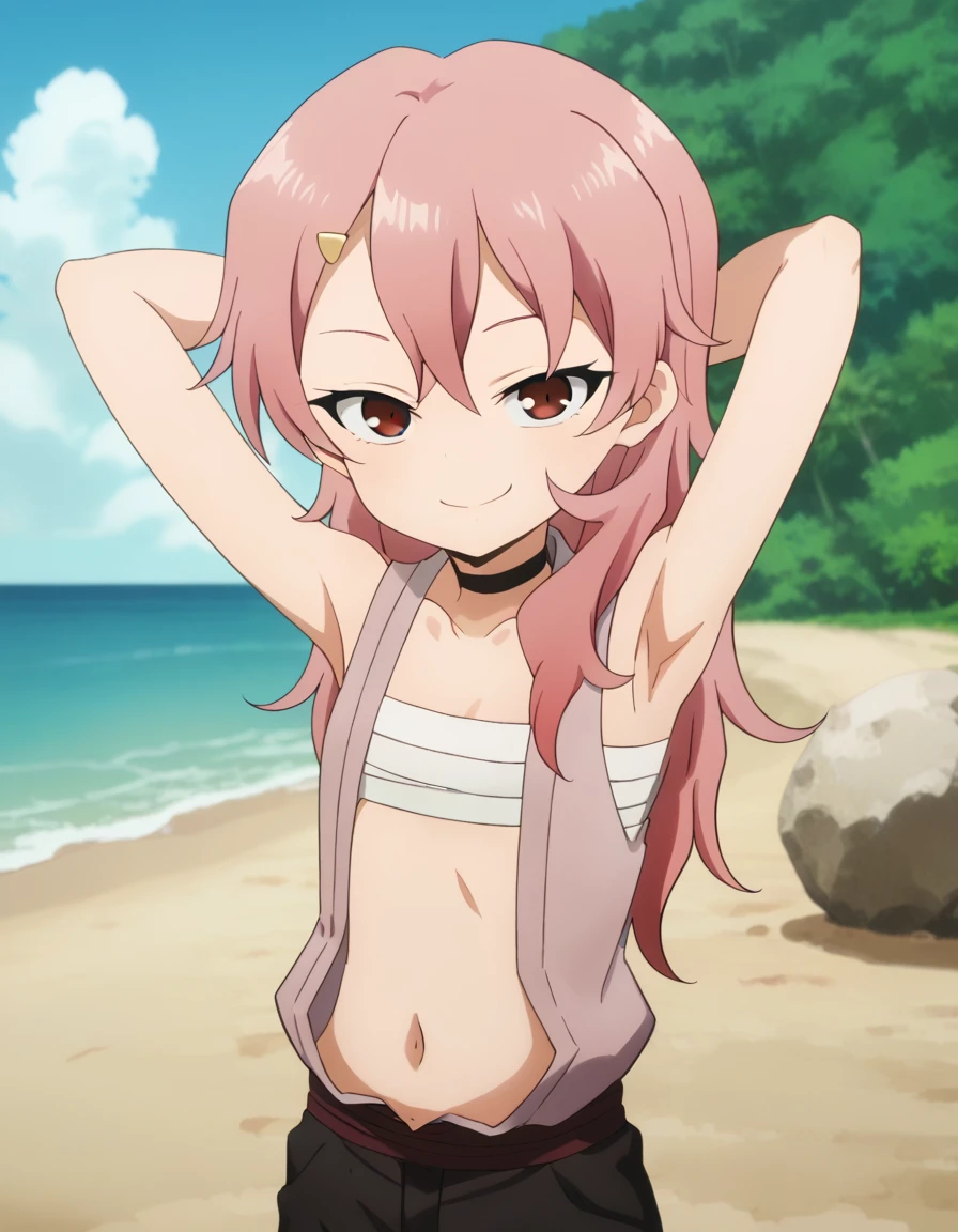 benisumomo, anime coloring ,BREAK source_anime, anime, long hair, hair ornament, red eyes, navel, pink hair, choker, hairclip, flat chest, black choker, sarashi, chest sarashi, black shorts, best quality, looking at viewer, solo, (contrapposto), spread armpit, arms behind head, smile, looking at viewer, (cowboy shot:1.5), closed mouth, night sky, beach, high quality,