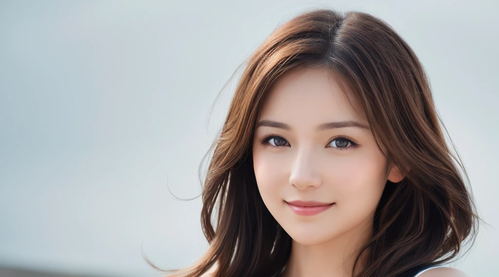 Create an image of a beautiful woman with chestnut brown hair. The background is clean white. She is making direct eye contact with the camera, and the focus is on her upper body. She is smiling gently, radiating a sense of beauty and confidence. Design the image with the intention of using it for beauty-related promotions, capturing the essence of a confident and approachable beauty. Pay attention to details such as her hair, facial expression, and the overall composition against the clean white background