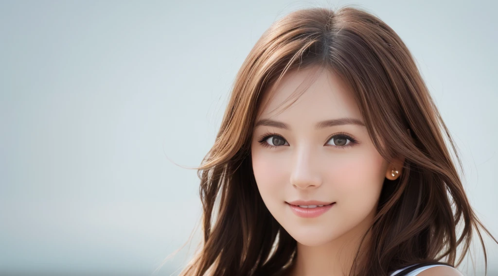 Create an image of a beautiful woman with chestnut brown hair. The background is clean white. She is making direct eye contact with the camera, and the focus is on her upper body. She is smiling gently, radiating a sense of beauty and confidence. Design the image with the intention of using it for beauty-related promotions, capturing the essence of a confident and approachable beauty. Pay attention to details such as her hair, facial expression, and the overall composition against the clean white background