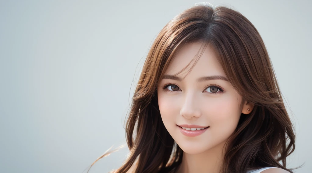 Create an image of a beautiful woman with chestnut brown hair. The background is clean white. She is making direct eye contact with the camera, and the focus is on her upper body. She is smiling gently, radiating a sense of beauty and confidence. Design the image with the intention of using it for beauty-related promotions, capturing the essence of a confident and approachable beauty. Pay attention to details such as her hair, facial expression, and the overall composition against the clean white background
