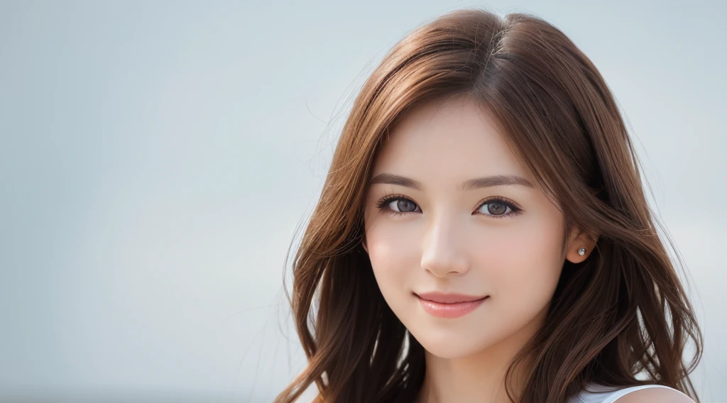 Create an image of a beautiful woman with chestnut brown hair. The background is clean white. She is making direct eye contact with the camera, and the focus is on her upper body. She is smiling gently, radiating a sense of beauty and confidence. Design the image with the intention of using it for beauty-related promotions, capturing the essence of a confident and approachable beauty. Pay attention to details such as her hair, facial expression, and the overall composition against the clean white background