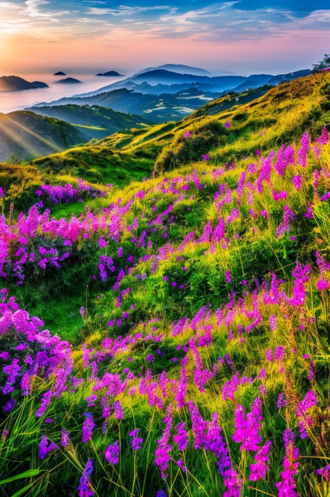 Medieval Catholic church on the mountain, View of the sea, surrounded by lush vegetation in a valley of flowers, rise sun, with rays of light, slightly misty day, Ultra -HD, 真实感, cinematic light, detailed back ground, swirly vibrant colors, conceptual artwork