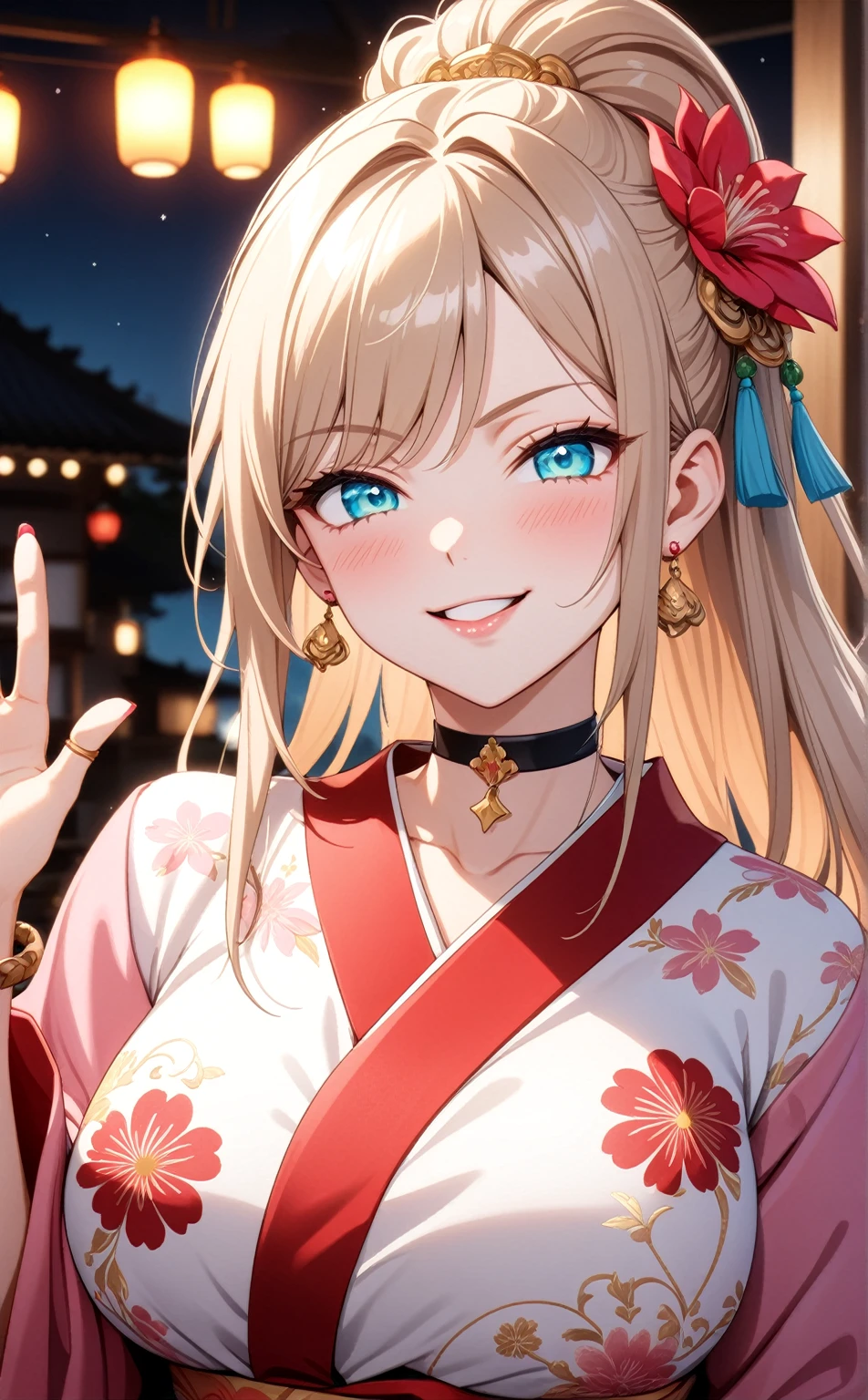 ((One personの女性)), Beautiful Face, ((Laughing embarrassedly)), (laugh),((Wink:2.0)),((waving at viewer:1.3)), (head tilt:1.3), Laugh with your mouth wide open,((Bright red cheeks:1.4)),Shiny red lips,night,横浜みなとみらいのnight景, firework,Laughing with your mouth open,Glossy pink lips,Facial lighting,((Anime style background)),masterpiece, Highest quality, so beautiful,up to date, Complex details, (4fingers and 1thumbs), (Pink long nails),(ring),(bracelet),(choker),AI-generated, Complex,High resolution, Highest quality, super high quality,3D Images、3D Images,One person,Long blonde hair,High Ponytail,(turquoise blue eyes),Anime woman posing for a photo, ((Fine grain、Colorful eyes、Shining Eyes:1.3)),(Squint your eyes:1.1),a hyperRealistic , hyperRealistic , Realistic,Anime woman with long white hair, Smooth anime CG art, A woman in a colorful kimono with gold embroidery, (Pink long sleeve kimono),Red floral pattern,Long flower hair ornament,Earrings,Mature Body,(Big Breasts:1.1),Tall,Abdominal muscles,Tight waist,(Zoom up to face:1.6),(front view),