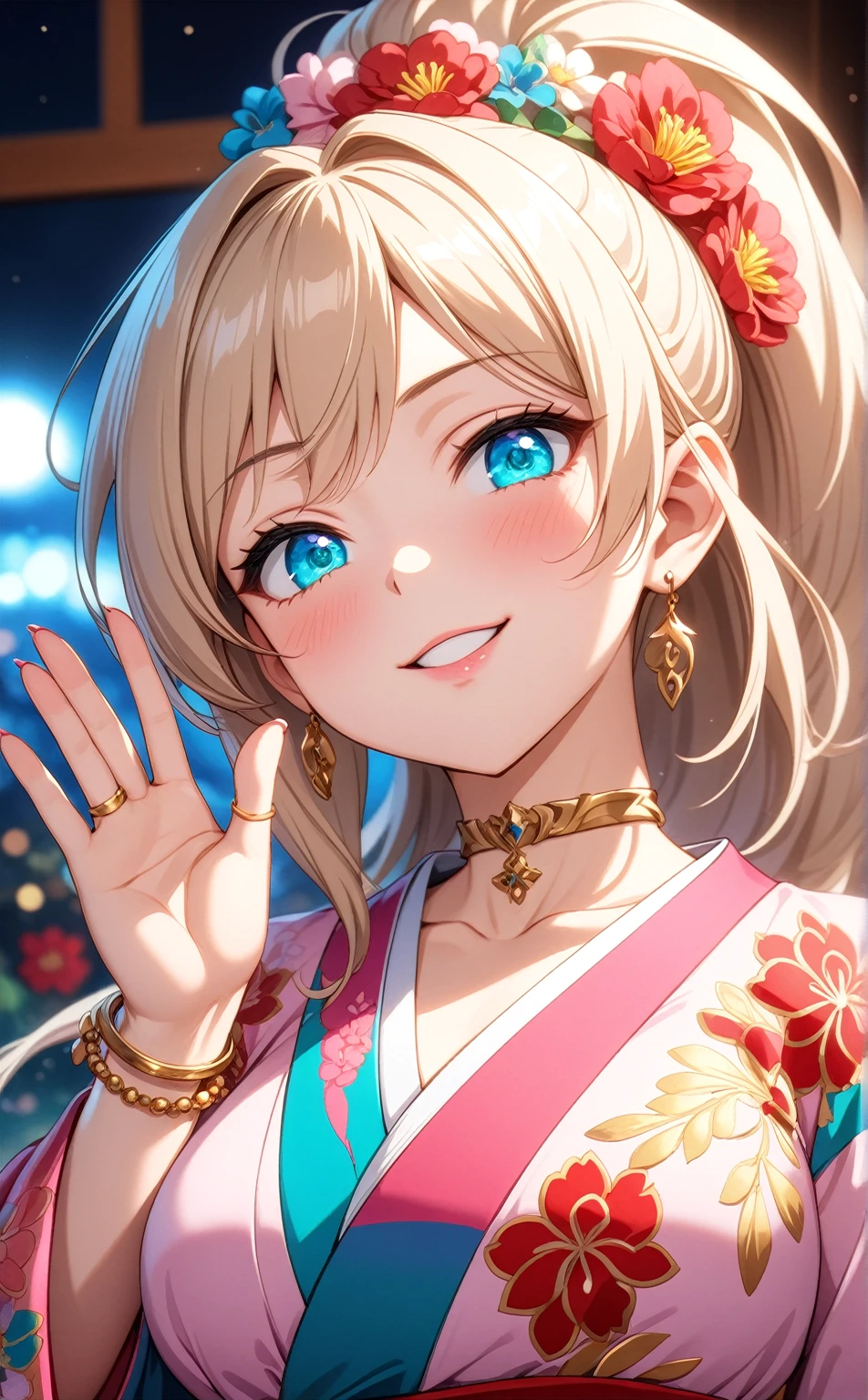 ((One personの女性)), Beautiful Face, ((Laughing embarrassedly)), (laugh),((Wink:2.0)),((waving at viewer:1.3)), (head tilt:1.3), Laugh with your mouth wide open,((Bright red cheeks:1.4)),Shiny red lips,night,横浜みなとみらいのnight景, firework,Laughing with your mouth open,Glossy pink lips,Facial lighting,((Anime style background)),masterpiece, Highest quality, so beautiful,up to date, Complex details, (4fingers and 1thumbs), (Pink long nails),(ring),(bracelet),(choker),AI-generated, Complex,High resolution, Highest quality, super high quality,3D Images、3D Images,One person,Long blonde hair,High Ponytail,(turquoise blue eyes),Anime woman posing for a photo, ((Fine grain、Colorful eyes、Shining Eyes:1.3)),(Squint your eyes:1.1),a hyperRealistic , hyperRealistic , Realistic,Anime woman with long white hair, Smooth anime CG art, A woman in a colorful kimono with gold embroidery, (Pink long sleeve kimono),Red floral pattern,Long flower hair ornament,Earrings,Mature Body,(Big Breasts:1.1),Tall,Abdominal muscles,Tight waist,(Zoom up to face:1.6),(front view),