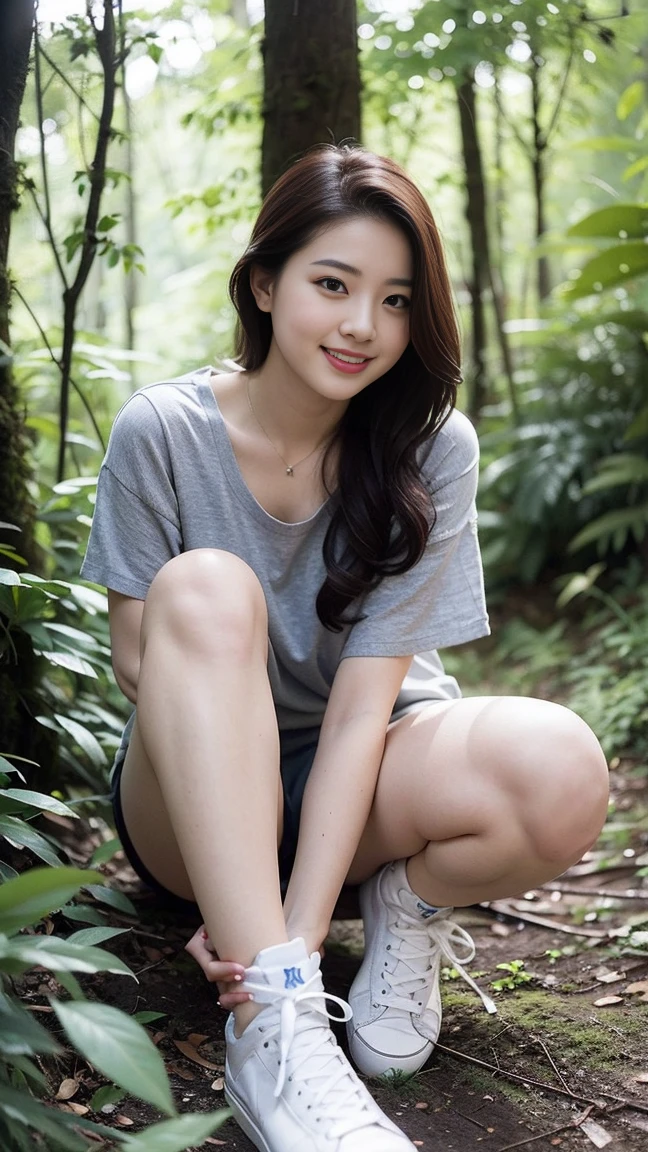 masterpiece, best quality, Surreal, Ultra Detailed, 8k resolution, RAW photos, Clear focus, (A girl in the forest), ((light gray shirt:1.1)),  Short sleeve, sports Shorts,Full body posture, Solitary, Perfect body, Become a, 32 inches in the chest,(a charming smile:1), (sexy pose)，26 years old, light,White shoes